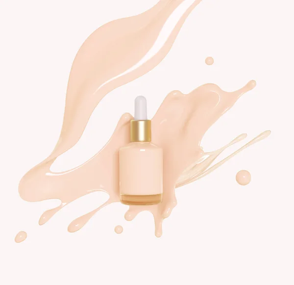 Pink make up liquid foundation cream cosmetics bottle on splashing cosmetic liquid. Cosmetic product template. Dropper for branding liquid splash. Blank label for branding. Isolated 3d rendering.