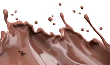 Çikolata dalgası ya da su sıçraması, erimiş çikolata sosu ya da şurup dökülmesi, kakao içeceği ya da krema, soyut tatlı arkaplanı, çikolata sıçraması, tatlı içilmesi, izole edilmiş, 3 boyutlu görüntüleme