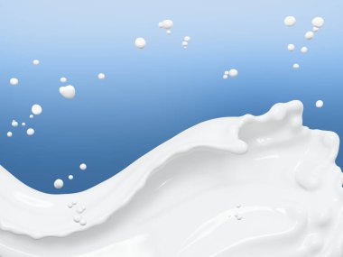 Süt dalgası ya da akış sıçraması, ekşi krema ya da yoğurt dökülmesi, süt ürünleri soyut sıvı arka plan, mavi üzerine izole edilmiş, 3D görüntüleme