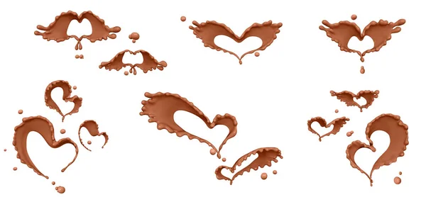 Set Twisted Heart Shaped Chocolate Coffee Waves Flow Splashes Pouring — Stock Photo, Image