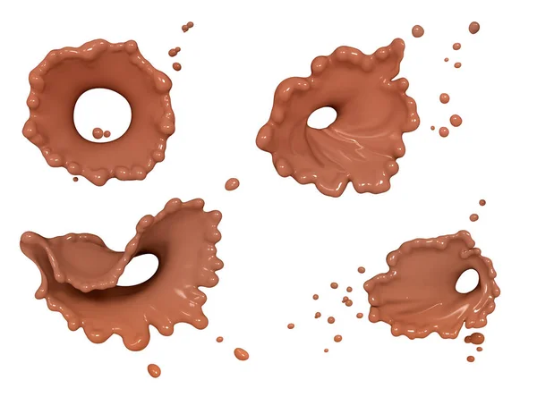 Set of swirl chocolate or coffee waves or flow splashes, pouring twisted hot melted milk chocolate sauce or syrup, cocoa drink or cream, abstract dessert swirl circle background, choco splash, drink dessert, isolated, 3d rendering