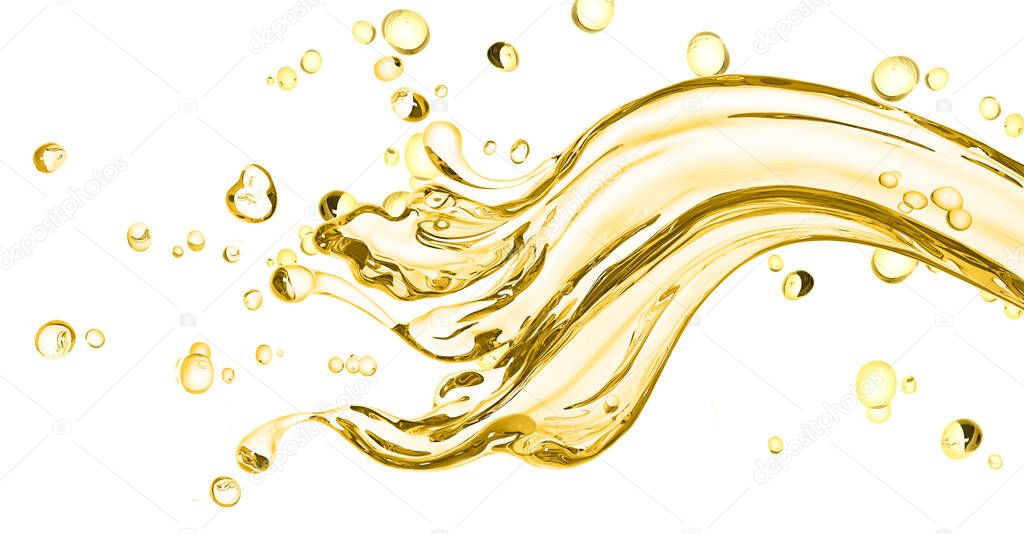 Gold splash of liquid , splash oil illustration, abstract swirl background, isolated 3d rendering