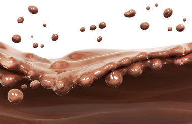 Hot melted milk chocolate sauce or syrup, pouring chocolate wave or flow splash, dripped cocoa drink or cream, abstract dessert swirl background, choco splash, drink dessert, isolated, 3d rendering