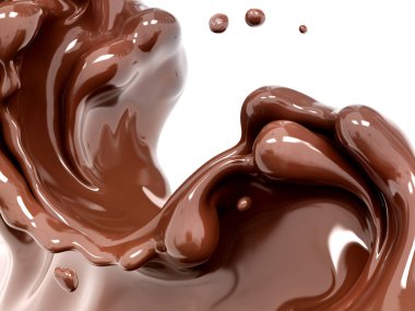 Sıcak eritilmiş çikolata sosu ya da şurup, çikolata dalgası ya da akıntı sıçraması, kakao içeceği ya da krema, soyut tatlı arkaplanı, çikolata sıçraması, tatlı içilmesi, izole edilmiş, 3 boyutlu görüntüleme