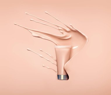 Liquid makeup foundation tube with cosmetic foundation cream splash. Blank cosmetics skincare product or packaging pastel template for mock up. 3d rendering.