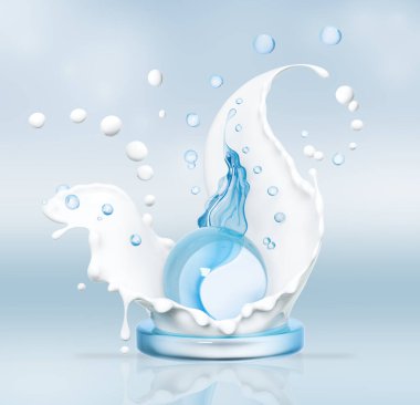 Blue ball water in milk splashing, milk cosmetics, skin care cosmetic product, abstract background 3d rendering. Mock-up promo banner, poster, blue