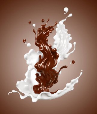 Splashes and drops of melted dark chocolate and milk, dynamic splashes of hot coffee and milk flow mixed. Design element for packaging, advertising. 3d rendering; 