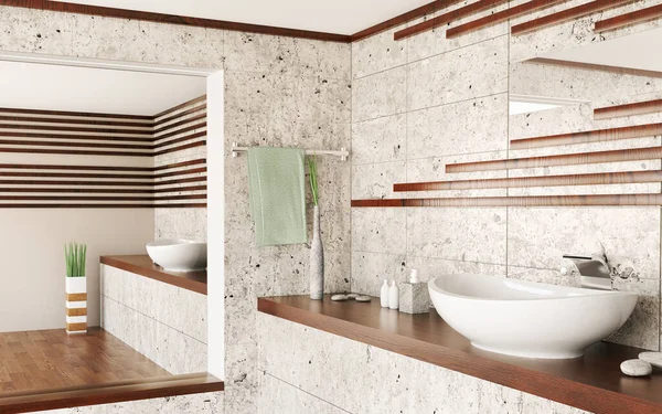 Interior of bathroom with tiled walls and sink on wood countertop with mirror and wood floor 3d rendering
