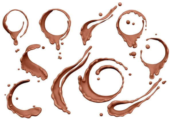Set Twisted Chocolate Coffee Waves Flow Splashes Pouring Twisted Hot — Stock Photo, Image
