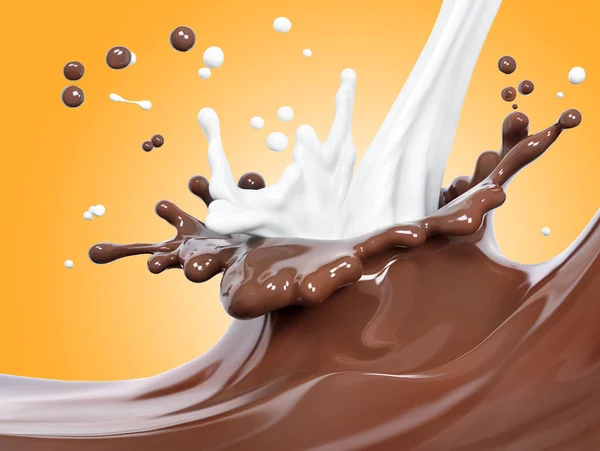 Splash of hot chocolate and milk, sauce or syrup, cocoa drink or choco milkshake, melted chocolate wave, abstract liquid background dessert, illustration food, isolated 3d rendering