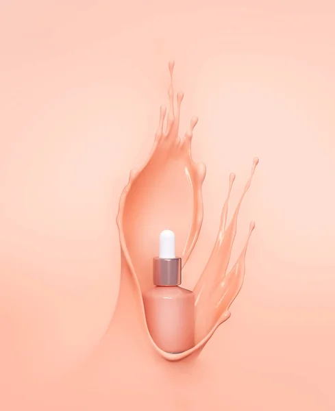 Blank cosmetics skincare product or packaging for mock up. Liquid makeup foundation bottle with cosmetic cream splash. Cosmetic product template. Dropper for branding in pink liquid splash. Blank label for branding. 3d rendering.