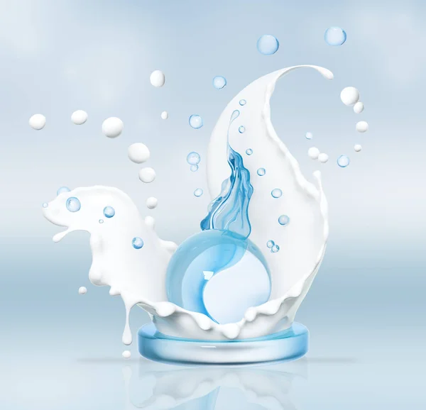 Blue Ball Water Milk Splashing Milk Cosmetics Skin Care Cosmetic — Stock Photo, Image