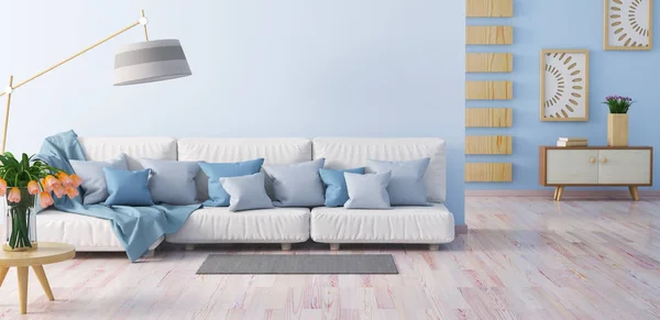 Interior Design Modern Living Room White Sofa Blue Walls Coffee — Φωτογραφία Αρχείου