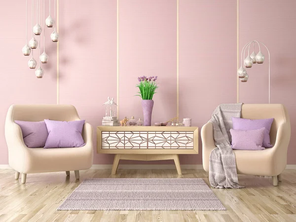 Interior Design Modern Living Room Two Armchairs Plaid Pillows Cabinet — Fotografia de Stock