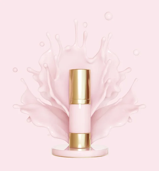 Pink make up liquid foundation cream cosmetics bottle on splashing cosmetic liquid, advertising. Moisturizing toner, cream, gel, body lotion pink liquid, Isolated, 3d rendering;