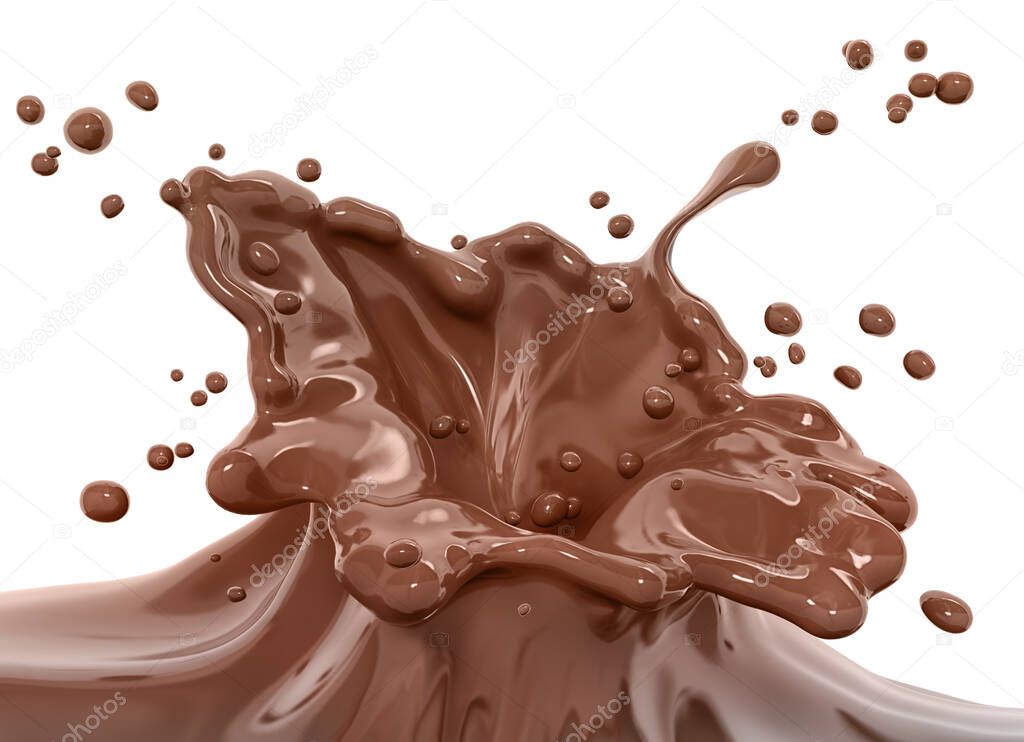 Splash of hot chocolate with drops and spaltters, sauce or syrup, cocoa drink or choco cream, melted chocolate wave, abstract background dessert, illustration food, isolated 3d rendering