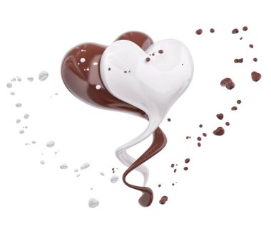 Pouring hot chocolate and milk in form of hearts, sauce or syrup, cocoa drink or choco cream, melted chocolate wave, abstract background, chocolate heart isolated 3d rendering
