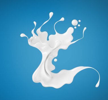Milk or yogurt splashes isolated on blue background, food illustration, splashing liquid soap, shampoo, 3d rendering