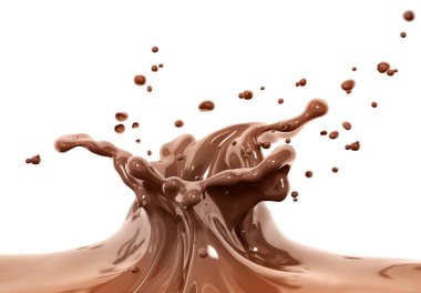 Splash of hot chocolate with drops and spaltters, sauce or syrup, cocoa drink or choco cream, melted chocolate wave, abstract background dessert, illustration food, isolated 3d rendering