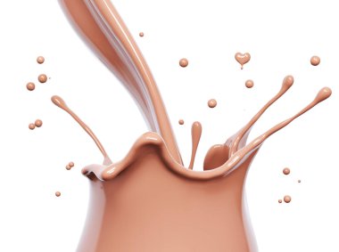 Splash of hot chocolate, pouring sauce or syrup, cocoa drink or choco cream flow, melted chocolate wave, swirl background dessert, illustration food, isolated 3d rendering