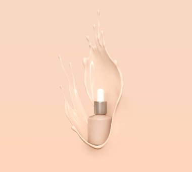 Blank cosmetics skincare product or packaging for mock up. Liquid makeup foundation bottle with cosmetic cream splash. Cosmetic product template. Dropper for branding in beige liquid splash. Blank label for branding. 3d rendering. clipart