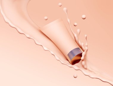 Liquid makeup foundation tube with cosmetic foundation cream splash. Blank cosmetics skincare product or packaging pastel template on podium for mock up. 3d rendering.