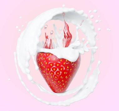 Strawberry in splashing cream, abstract background dessert, strawberry in a splash of juice with drops, strawberry jam in a splash of pouring milk or yogurt, illustration food, isolated 3d rendering