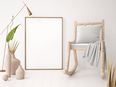 mock up poster frame in modern interior background, armchair and poster, chair and poster living room, floor lamp 3d rendering