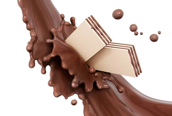 Crispy Wafer Chocolate Wave Flow Splash Pouring Hot Melted Milk — Stockfoto