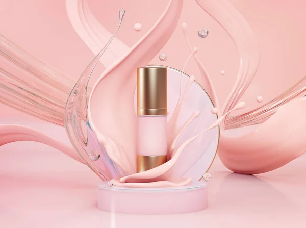 Pink make up liquid foundation cream cosmetics bottle or jar on splashing cosmetic liquid, advertising. Moisturizing toner, cream, gel, body lotion pink liquid, Isolated, 3d rendering;