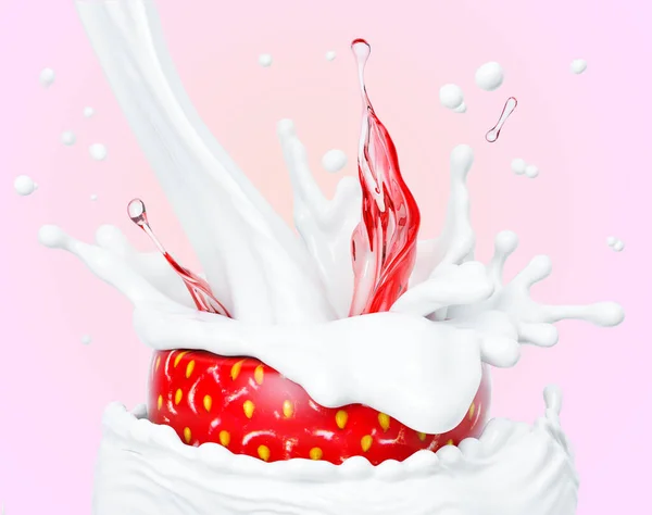 Strawberry Splashing Cream Abstract Background Dessert Strawberry Splash Juice Drops — Stock Photo, Image