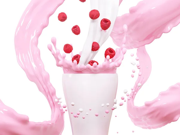 Fresh Fruit Yogurt Splash Ripe Raspberries Healthy Breakfast Meal Label — Stock Photo, Image