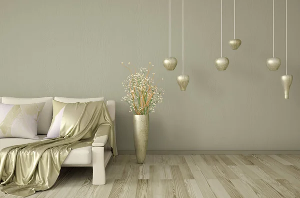 Interior Design Modern Living Room Hanging Lamps Sofa Gold Blanket — 스톡 사진