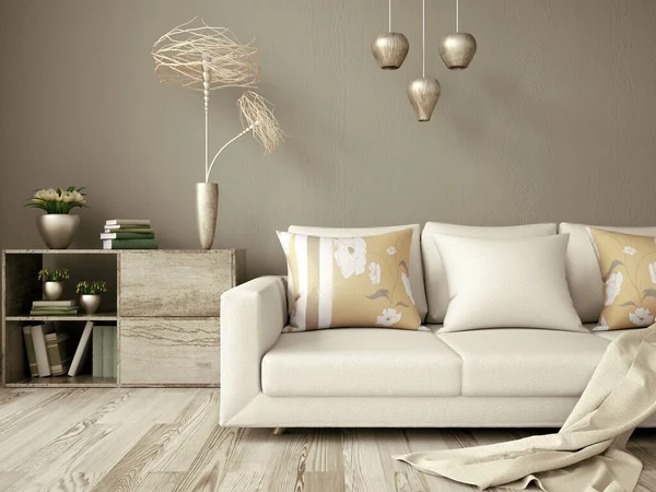 Interiérový Design Moderní Obývací Pokoj Žluté Barvy Pohovkou Pastelovou Přikrývkou — Stock fotografie