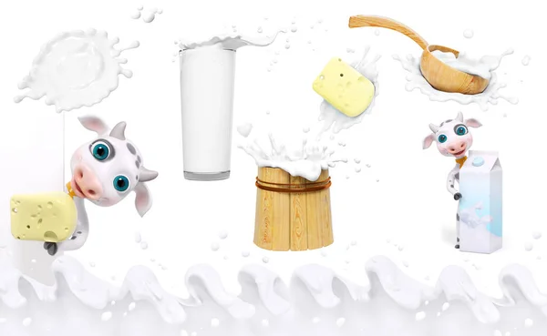 Milk splashing. Milk or yogurt in glass and spoon. Milk  in Splashing milk bucket over white. Cow holds cheese in splash, packaging. Natural dairy products. 3d rendering set of objects