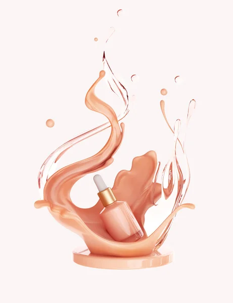Moisturizing bottle. Liquid makeup foundation bottle with cosmetic cream splash. Cosmetic product template. Dropper for branding on podium in pink liquid splash. Blank label for branding.isolated 3d rendering.