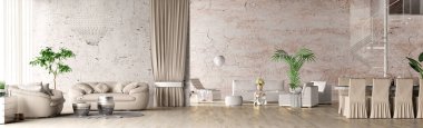 Luxurious interior with beige sofa, modern mirrored coffee table, chest of drawers, with glass staircase, chandeliers, dining room, floor lamp. Modern living room in a classic house. 3d design rendering