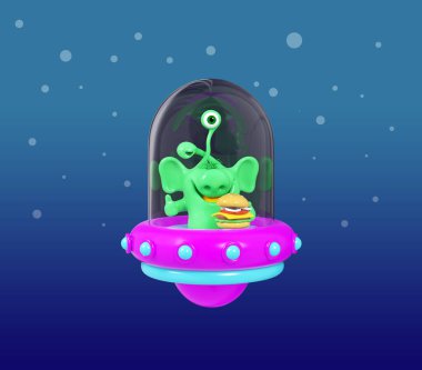 Cartoon character of alien on a dark background. 3d fantasy cartoon monster in spaceship, holding thumb up with hamburger, rendering, isolated;