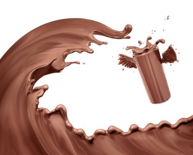 Chocolate wave or flow splash  in glass, pouring hot melted milk chocolate sauce or syrup, cocoa drink or cream,