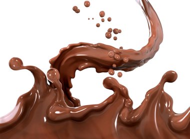 Chocolate wave or flow splash, pouring hot melted milk chocolate sauce or syrup, cocoa drink or cream,