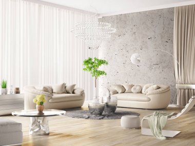 Luxurious interior design with beige sofa, modern mirrored coffee table and armchair, chest of drawers, chandelier, floor lamp. Modern living room in a classic house. 3d  rendering
