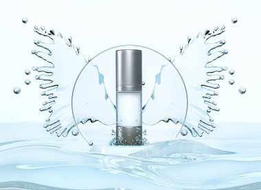 Moisturizing cream, Bottle of cosmetics gel or liquid in splash, 3d rendering, illustration on blue background. Ad poster, promo banner. Mockup with moisturizer, skincare.