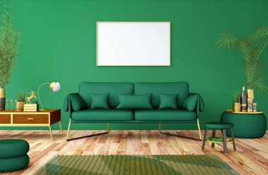 Luxury interior with green sofa, wooden commode, pouf, plants, carpet, gold decoration, mock up poster frame. Modern living room in classic house.3d rendering