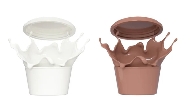 Pacotes Plástico Com Iogurte Chocolate Creme Leite Azedo Salpicando Com — Fotografia de Stock
