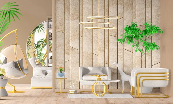 Modern interior design with white armchairs, sofa, coffee table, floor lamp, stone wall, plants and gold decor. Modern living room in a classic house. 3d rendering