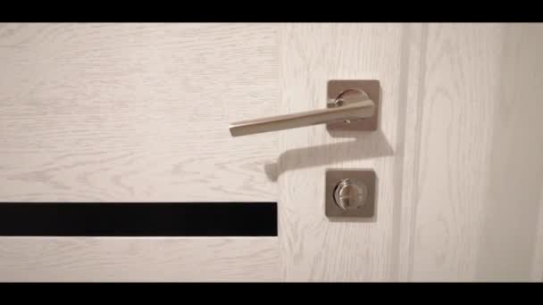 Het handvat van de deur wordt neergelaten en de deur gaat open. geen mensen — Stockvideo