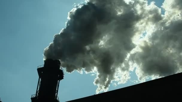 Fumo dalla pipa della fabbrica. emissioni inquinanti che rovinano l'ambiente. su uno sfondo blu cielo in una giornata di sole. — Video Stock