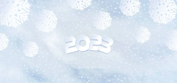 新年快乐2023 23号和雪花从节日卡片 邀请函 日历海报 横幅的纸张上剪下来 病媒说明 下雪了霜冻效果 — 图库矢量图片