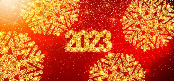 新年快乐2023 背景为金光闪闪的纹理雪片 黄金号码23 明亮的箔面 假日贺卡 挂满雪花的日历的图解 — 图库矢量图片