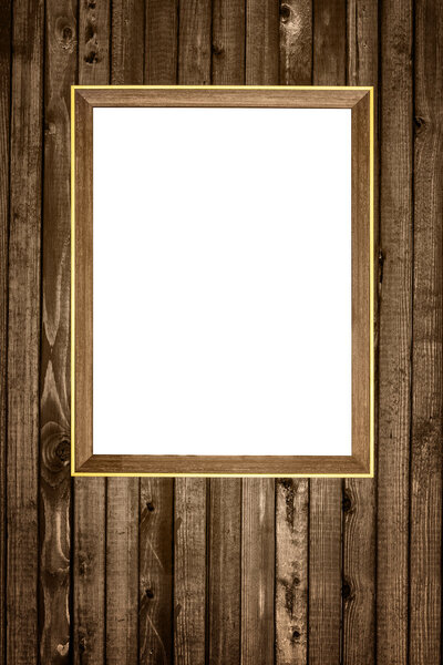 Wooden photo frame hanging on wood wall with vignette